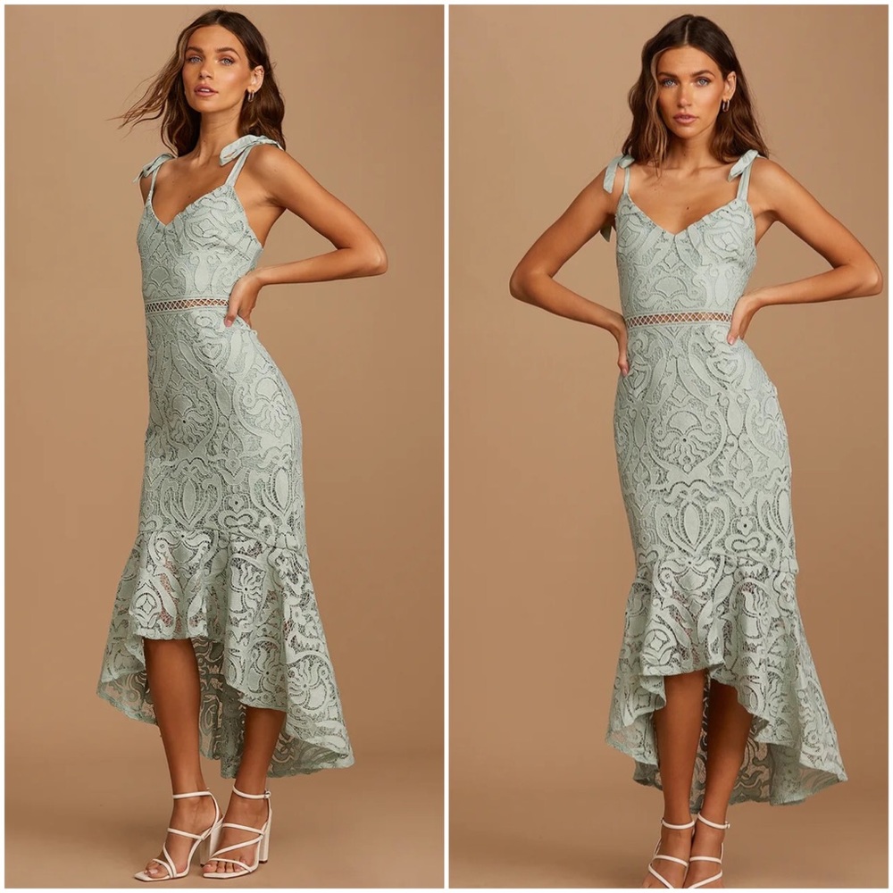 Lulu’s Won Your Heart Sage Green Lace Tie-Strap High-Low Midi Dress
